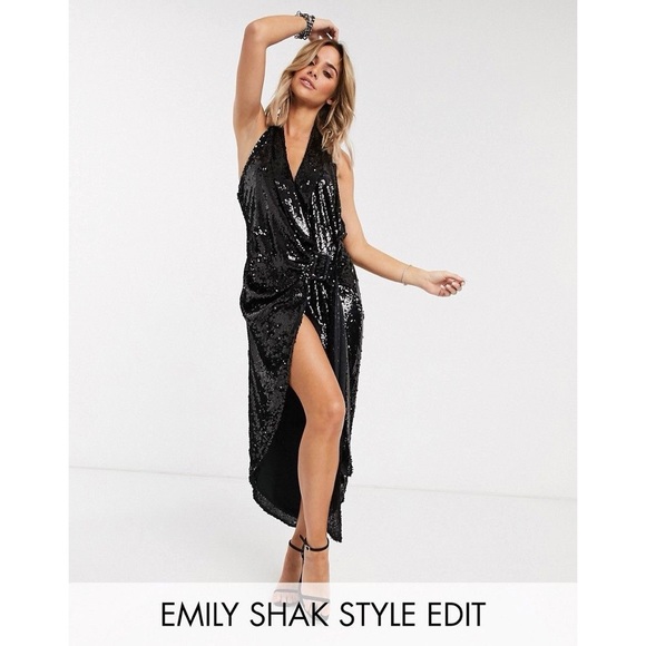 NWT ASOS DESIGN Halter Drape Belted Tux Dress - Picture 2 of 7